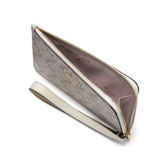 New Kate Spade Lucy Spade Flower Small L-Zip Wristlet Dark Beige Multi - Picture 2 of 3